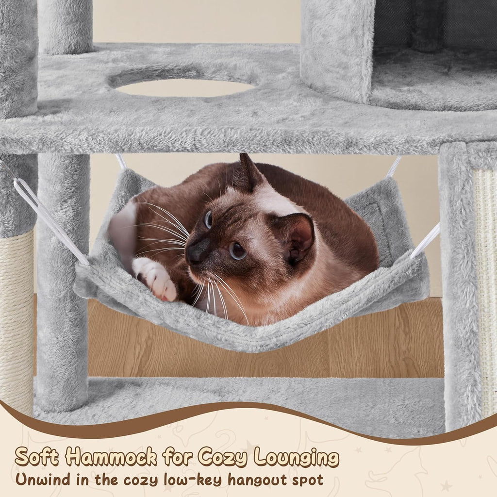 63.5In Multi-Level Cat Tree Tower Condo with Scratching Posts, Platform & Hammock, Cat Activity Center Play Furniture for Kittens, Cats, and Pets
